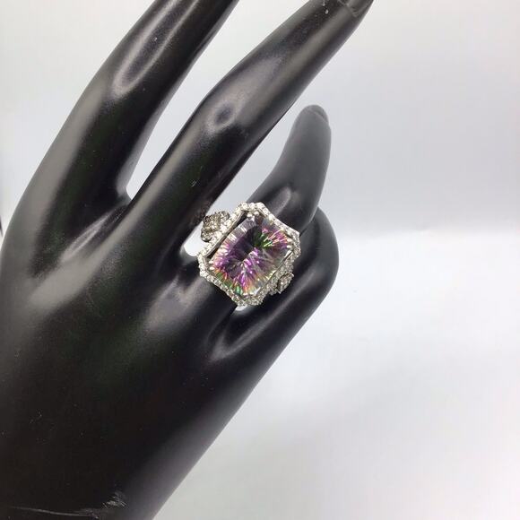 925 Sterling Silver Mystic Topaz CZ Halo Cocktail Ring Size 7.5 Multicolor - Picture 3 of 16